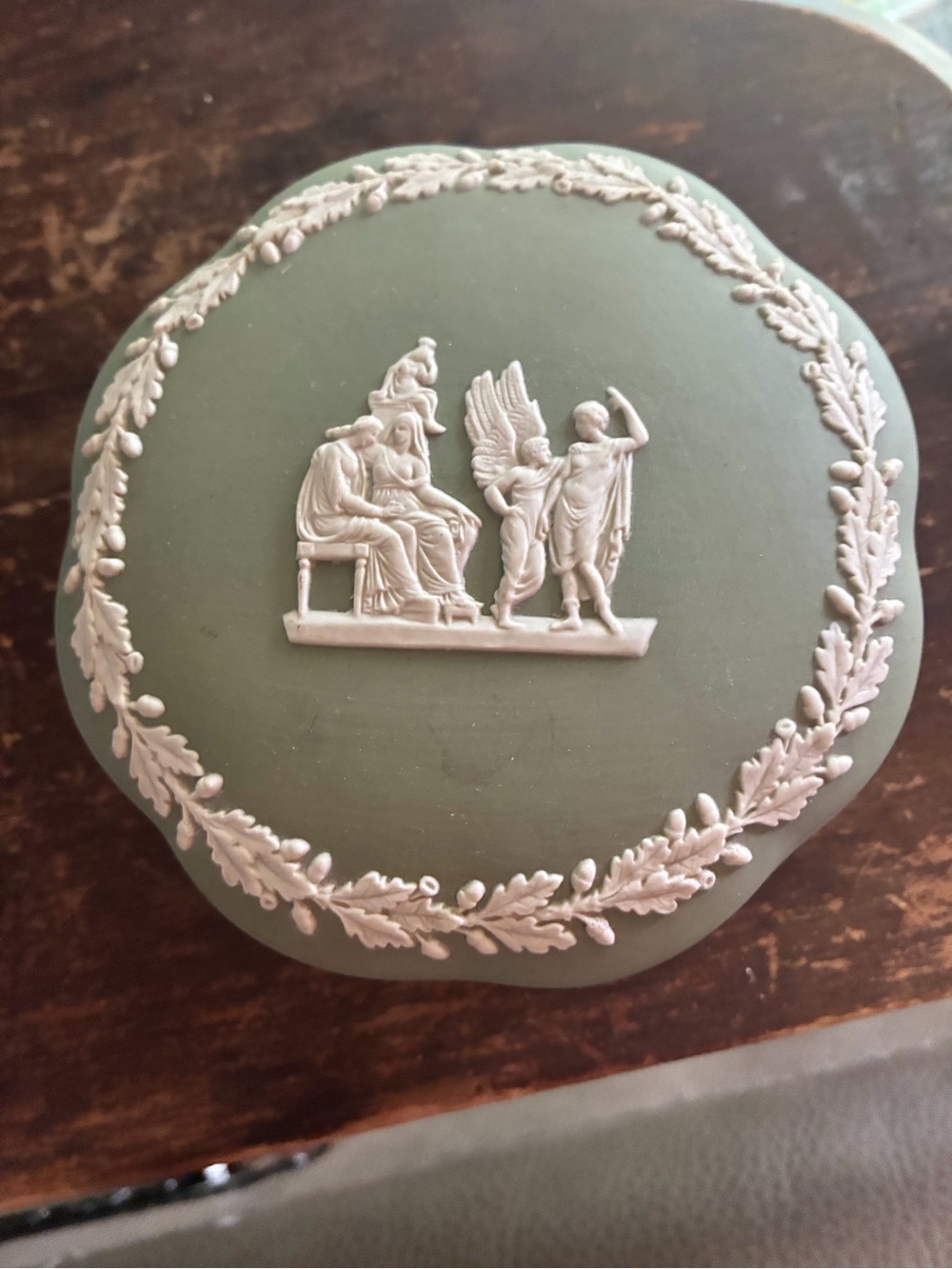 Wedgwood Jasperware,Icarus&Daedalus, Cherub Scenes,Sage Green,Trinket Box,1970s